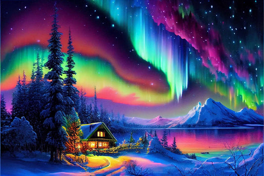 Vibrant Aurora Cosy Lakeview  | Diamond Painting Kit - Paint with Gemz